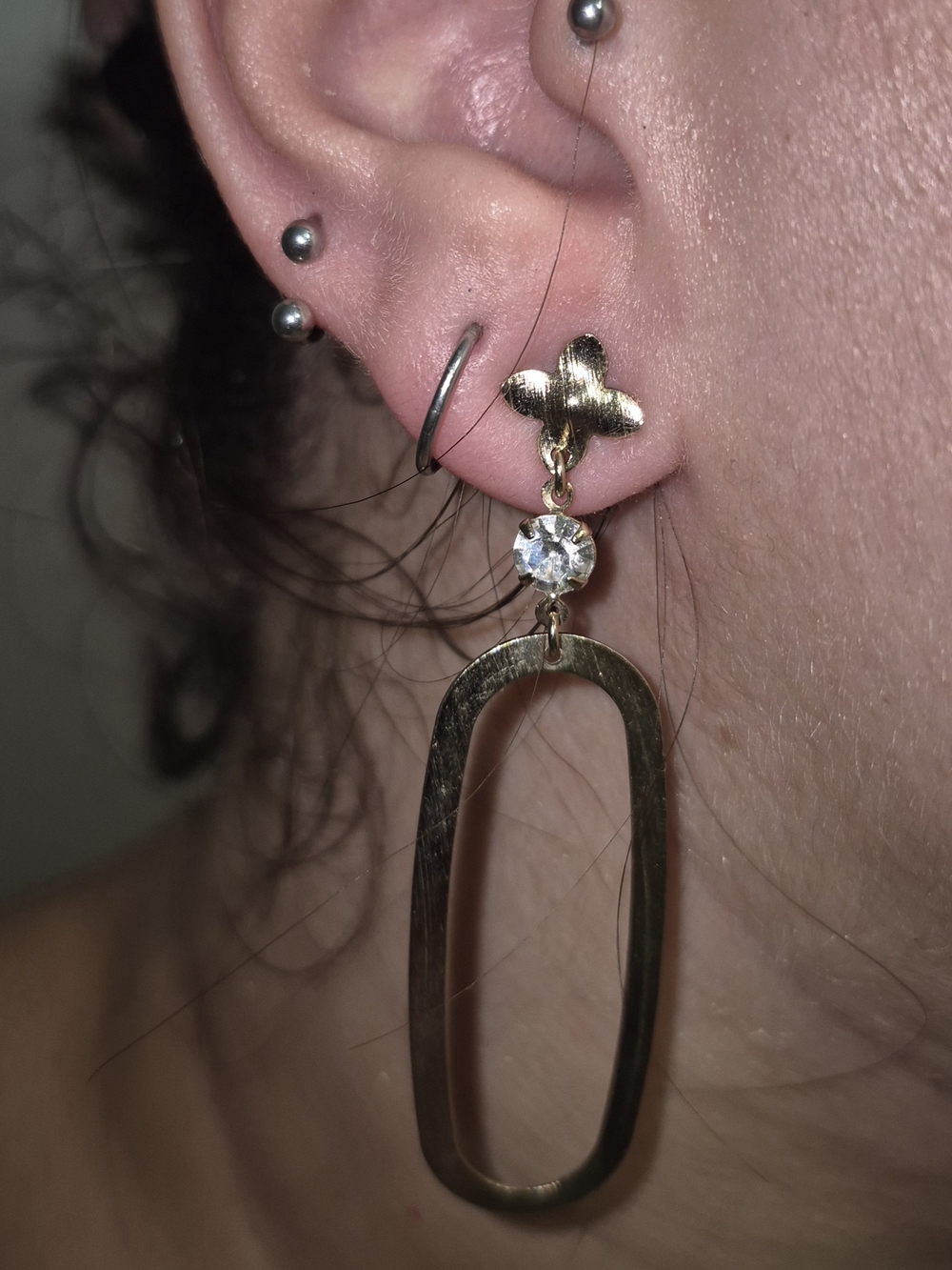 Gold Floral Drop Earrings with Clear Crystal Accent